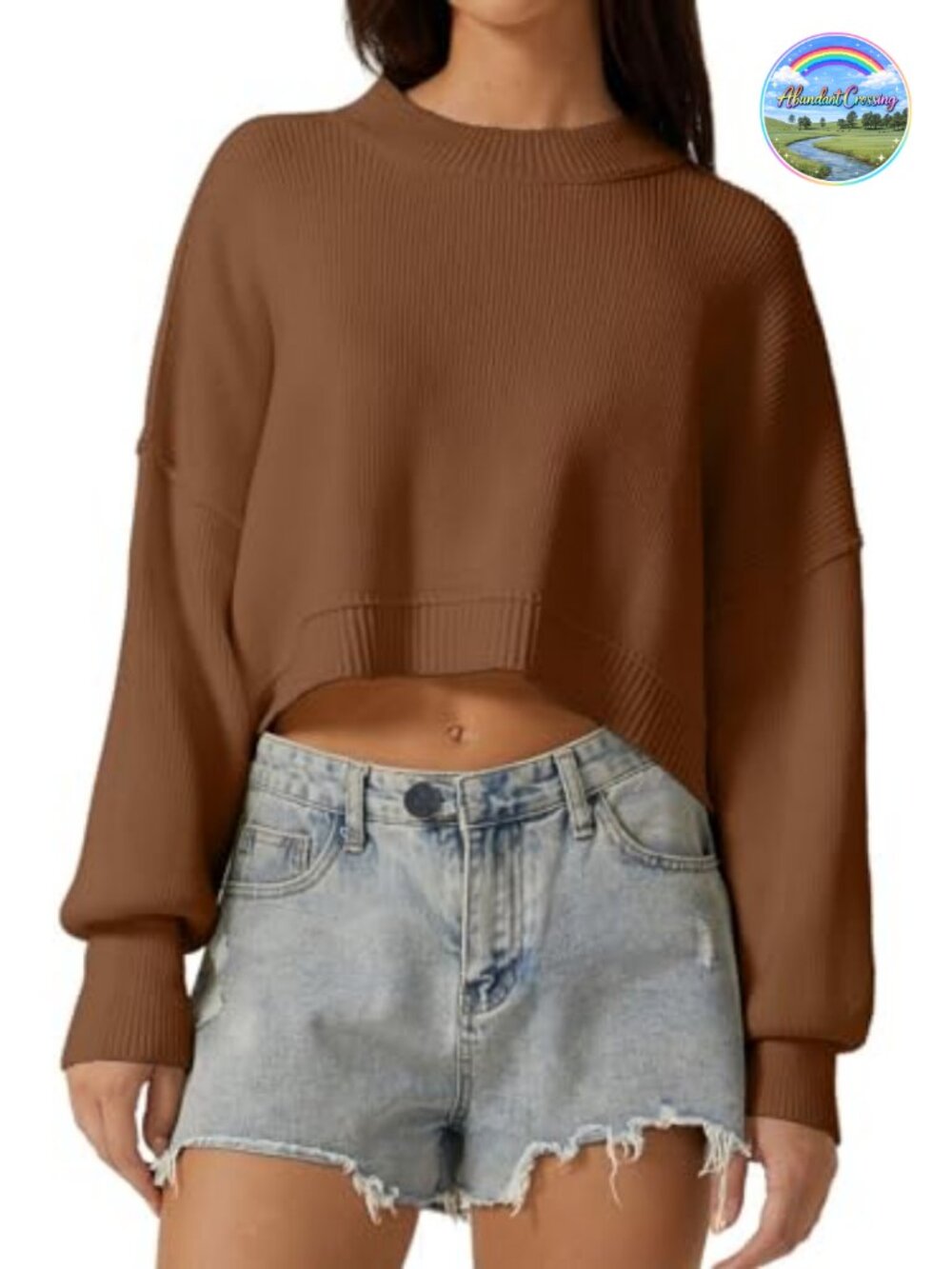 Women's Oversized Cropped Knit Pullover Sweater Mock Neck Long Sleeve